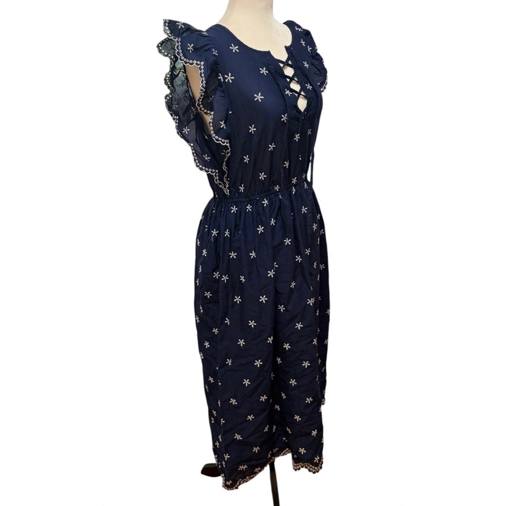Gap Navy Blue Floral Embroidered Eyelet Midi Dress XS Cottagecore Boho Summer - Picture 4 of 11